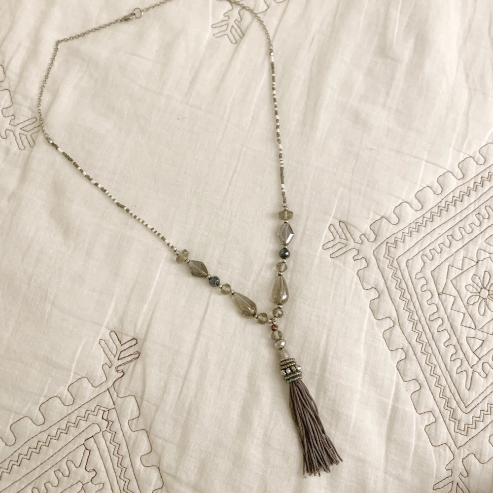 Grey beaded tassel necklace